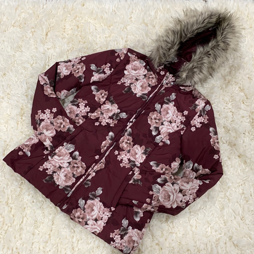 GUESS PUFFER COAT FAUX FUR REMOVABLE HOOD ROSE GOLD FLORAL - SIZE S